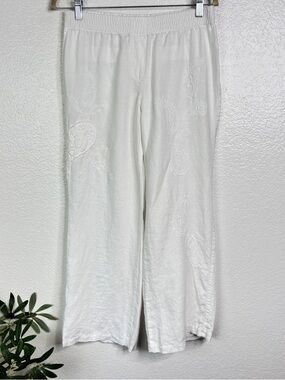 CHICO'S White Linen Embroidered Paisley Straight Leg Pull-On Trouser Pant Size 2